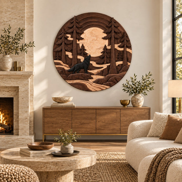 Handcrafted Solid Wood Howling Wolf Pine Round Wall Art - View 7