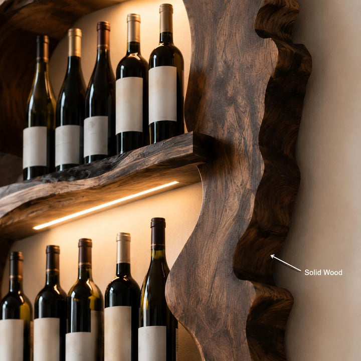 Wall mounted wood wine rack with glass storage dimensions and sizes chart