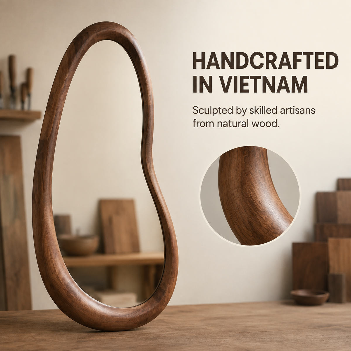 Wrydeco Organic Solid Wood Wall Mirror Model 1 - Angle Detail View 2