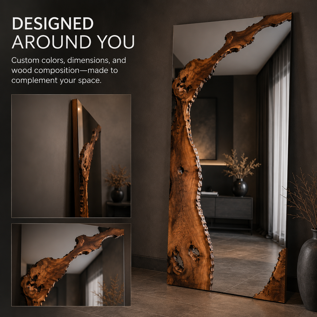 Wrydeco Rustic Solid Wood Wall Mirror Model 2 - Angle Detail View 3