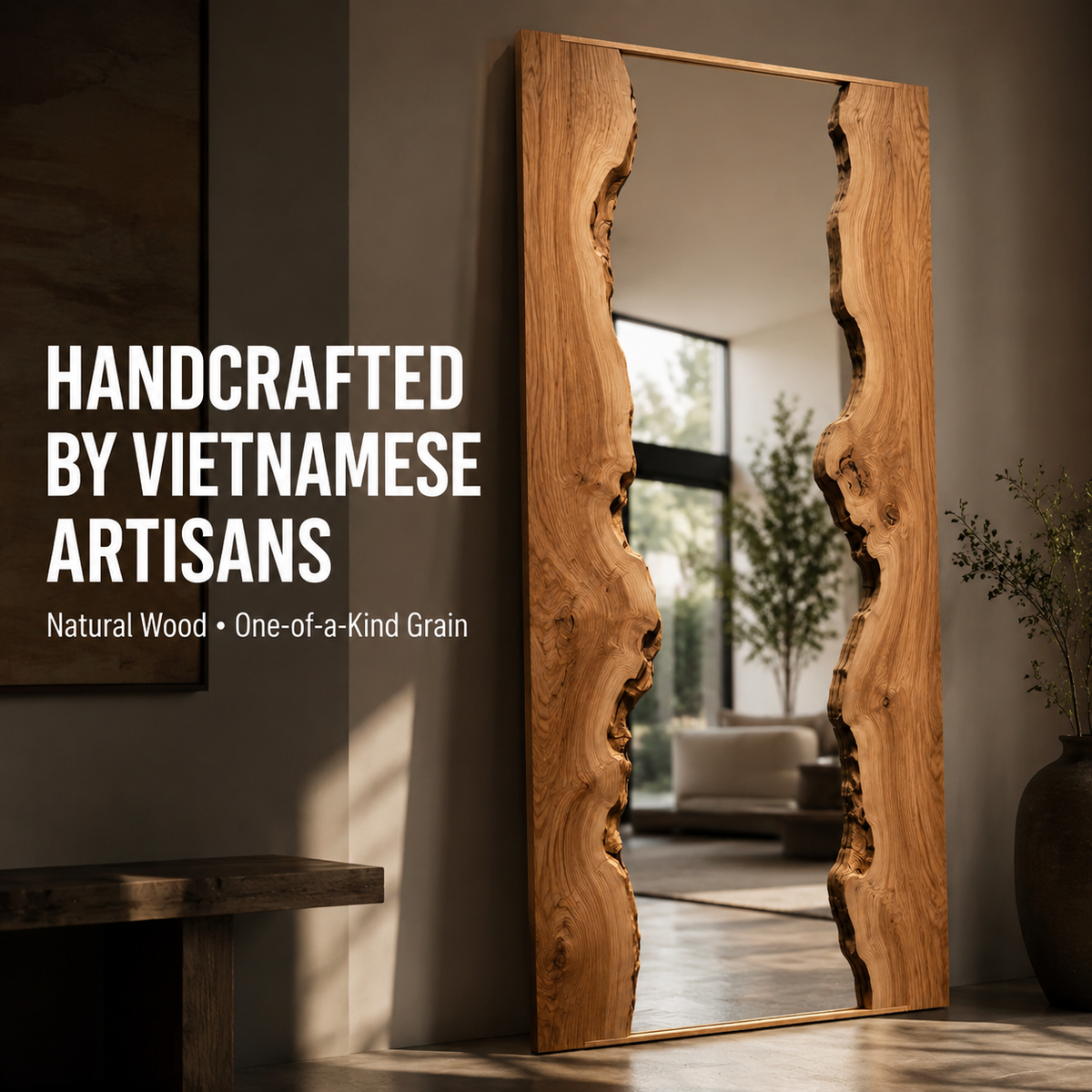 Wrydeco Rustic Solid Wood Wall Mirror Model 3 - Angle Detail View 2