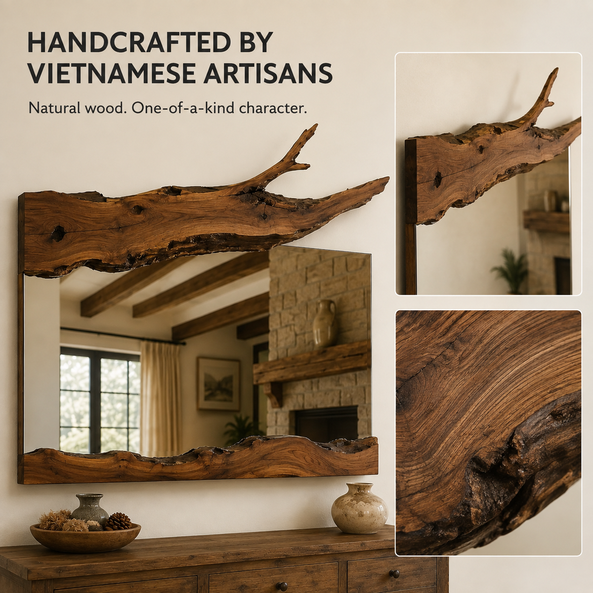 Wrydeco Rustic Solid Wood Wall Mirror Model 4 - Angle Detail View 2