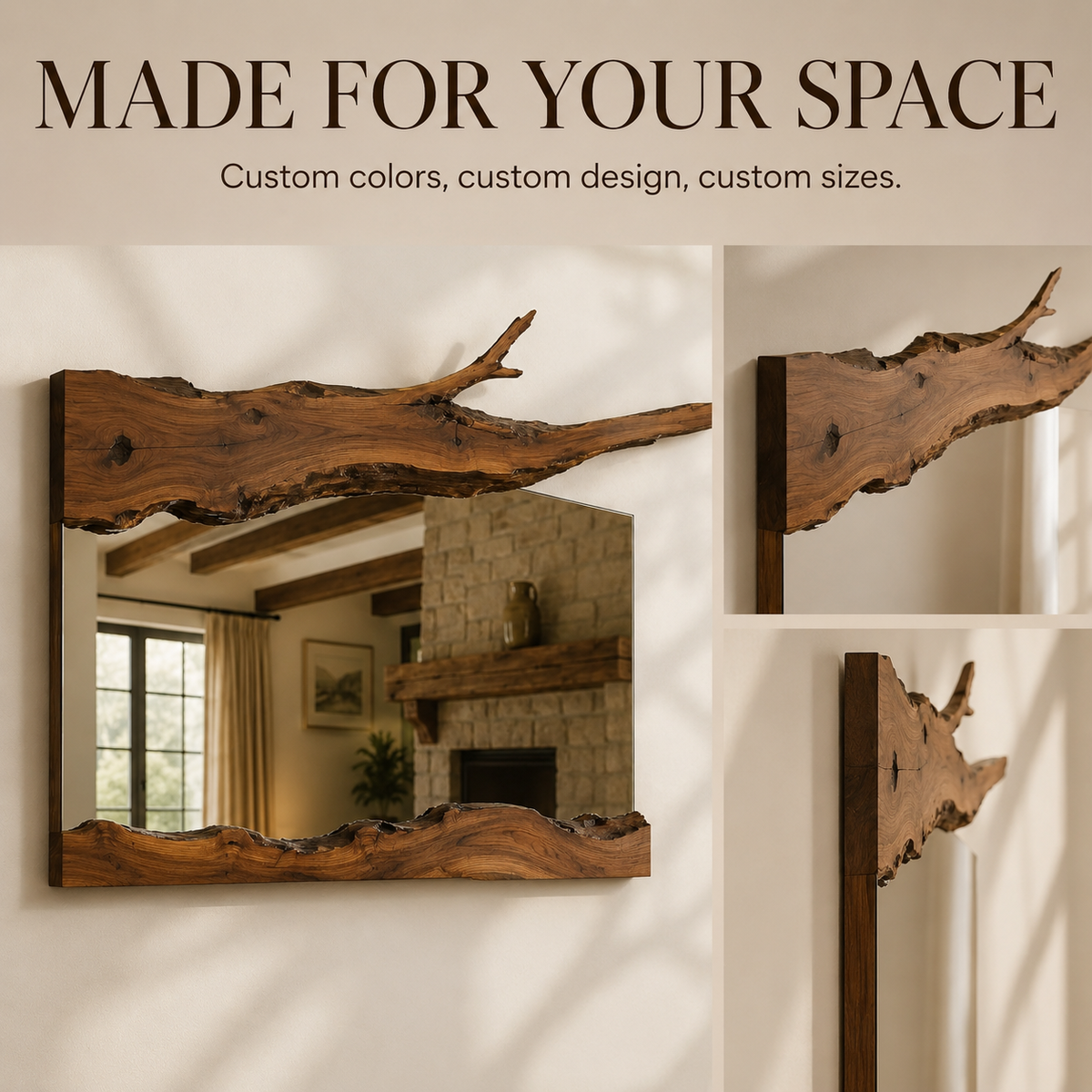 Wrydeco Rustic Solid Wood Wall Mirror Model 4 - Angle Detail View 3