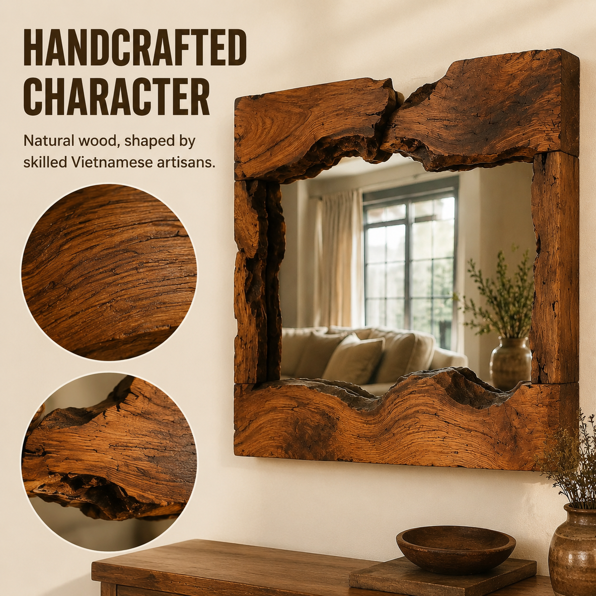 Wrydeco Rustic Solid Wood Wall Mirror Model 6 - Angle Detail View 2
