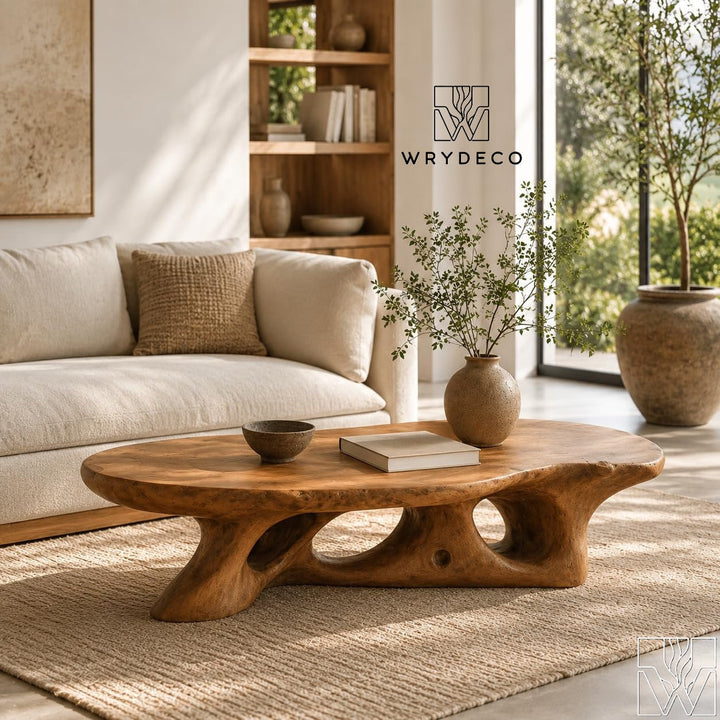 Organic Modern Wooden Coffee Table with Sculptural Base