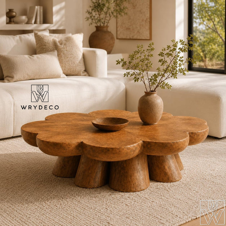 Rustic Solid Wood Sculptural Cutout Coffee Table for Living Room