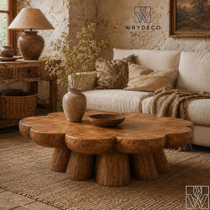 Rustic Solid Wood Sculptural Cutout Coffee Table for Living Room