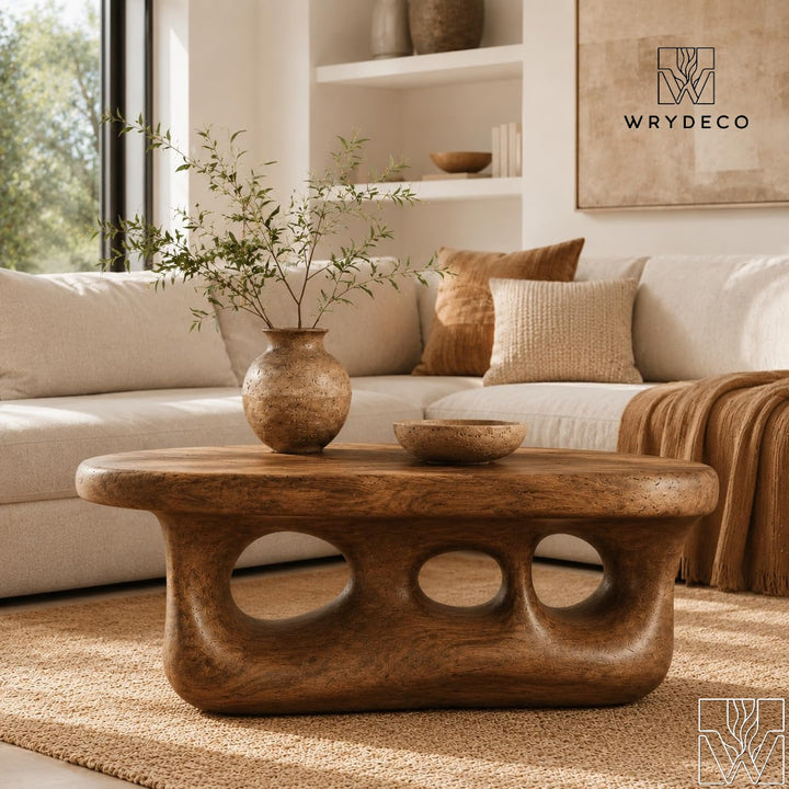 Rustic Modern Wooden Coffee Table with Organic Cutout Base