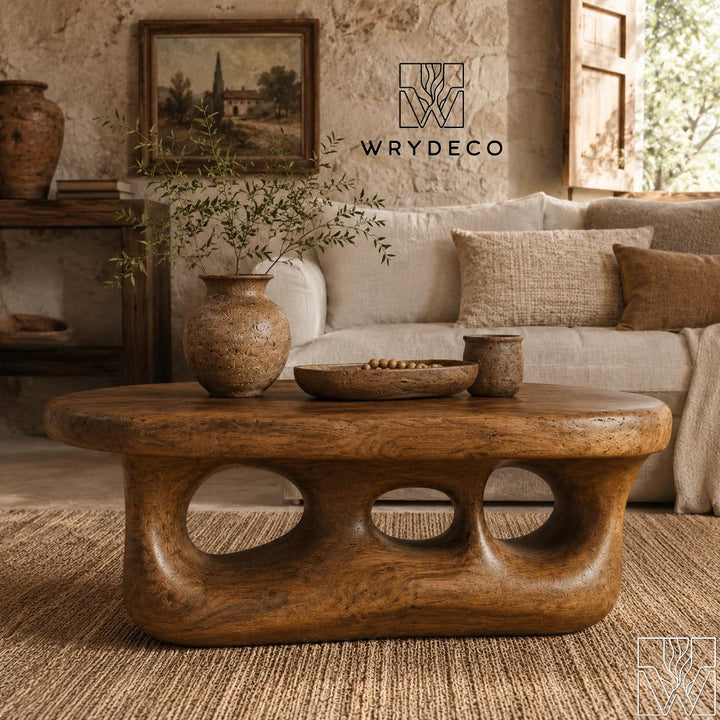 Rustic Modern Wooden Coffee Table with Organic Cutout Base