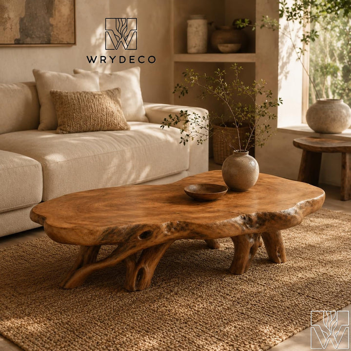 Handcrafted Wooden Sculptural Cutout Coffee Table for Living Room