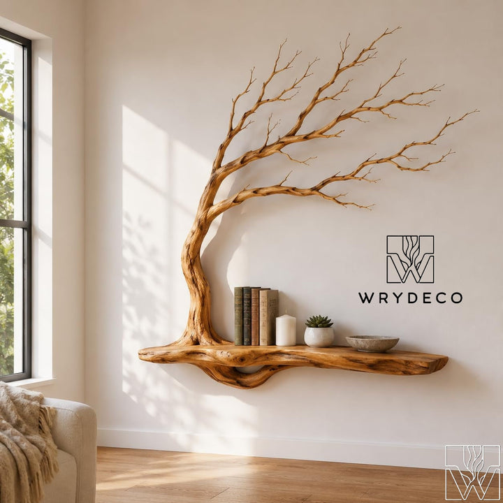 Handcrafted Natural Wood Tree Branch Floating Shelf for Living Room