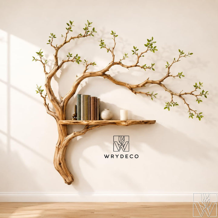 Handcrafted Solid Wood Tree Branch Floating Shelf for Living Room