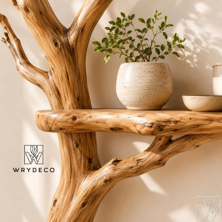 Handcrafted Solid Wood Tree Branch Floating Shelf for Living Room