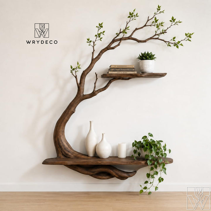 Handcrafted Natural Wood Tree Branch Floating Shelves for Living Room