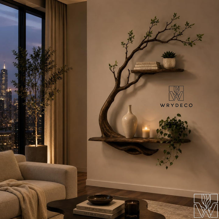 Handcrafted Natural Wood Tree Branch Floating Shelves for Living Room