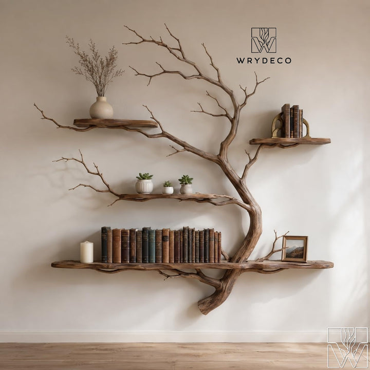 Handcrafted Solid Wood Tree Branch 3-Tier Wall Shelf for Living Room