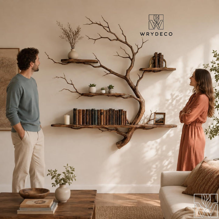 Handcrafted Solid Wood Tree Branch 3-Tier Wall Shelf for Living Room