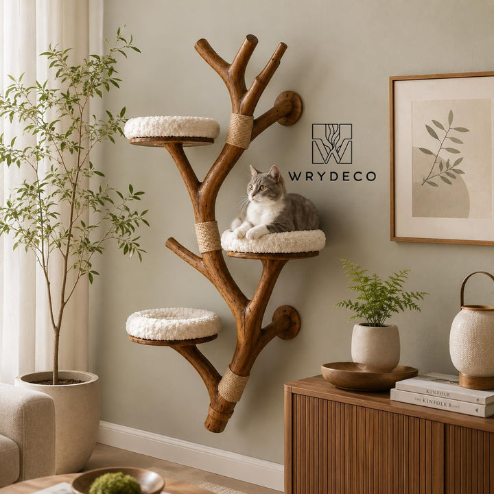 Natural Wood Wall Mounted Cat Climbing Tree for Indoor Cats