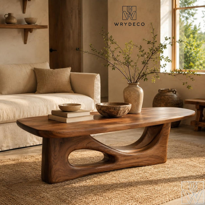 Handcrafted Wooden Coffee Table with Sculptural Base