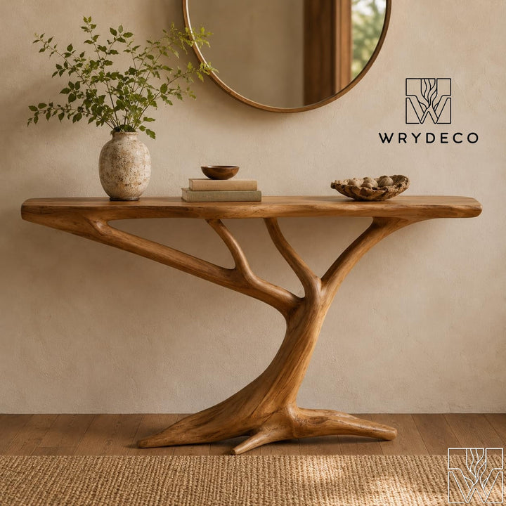 Rustic Handcrafted Wooden Coffee Table with Sculptural Base