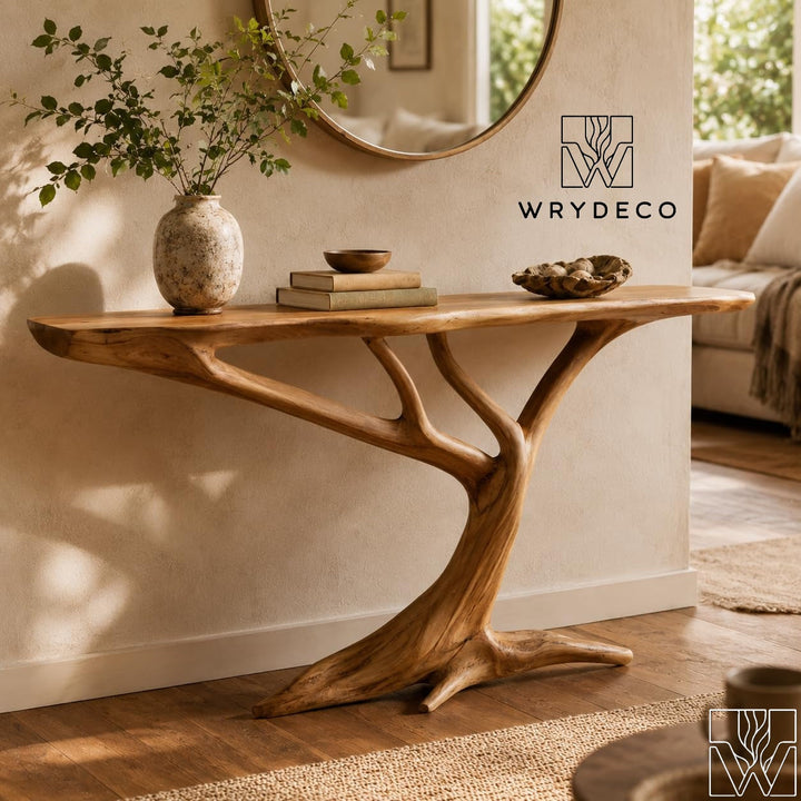Rustic Handcrafted Wooden Coffee Table with Sculptural Base
