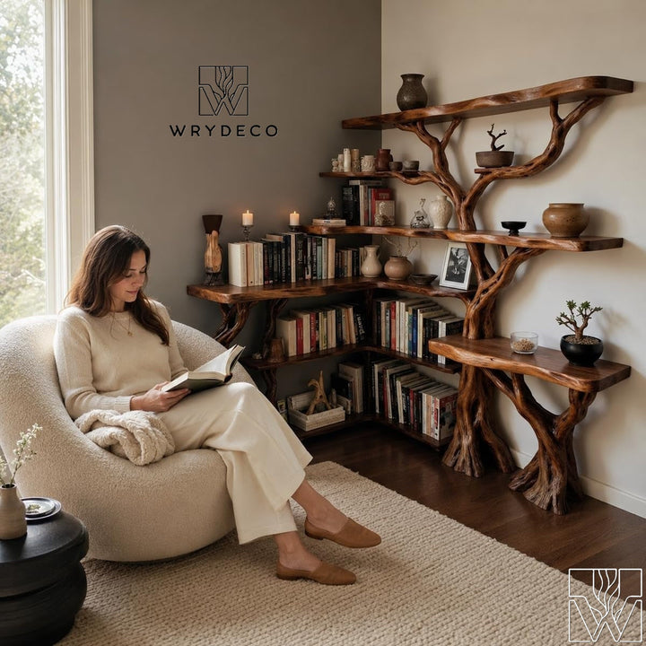 Handcrafted Natural Wood Corner Tree Bookshelf