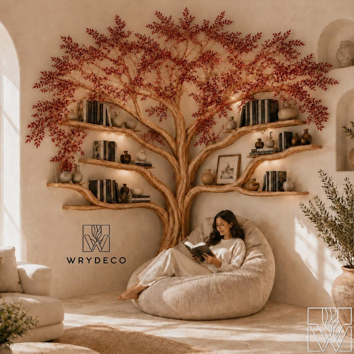 Handcrafted Natural Wood Corner Tree Bookshelf Crimson