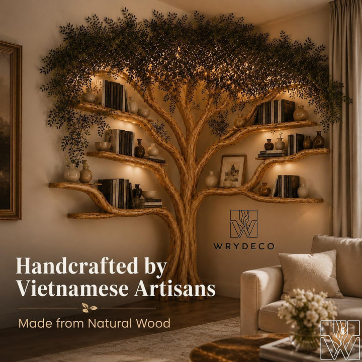 Handcrafted Natural Wood Corner Tree Bookshelf Crimson
