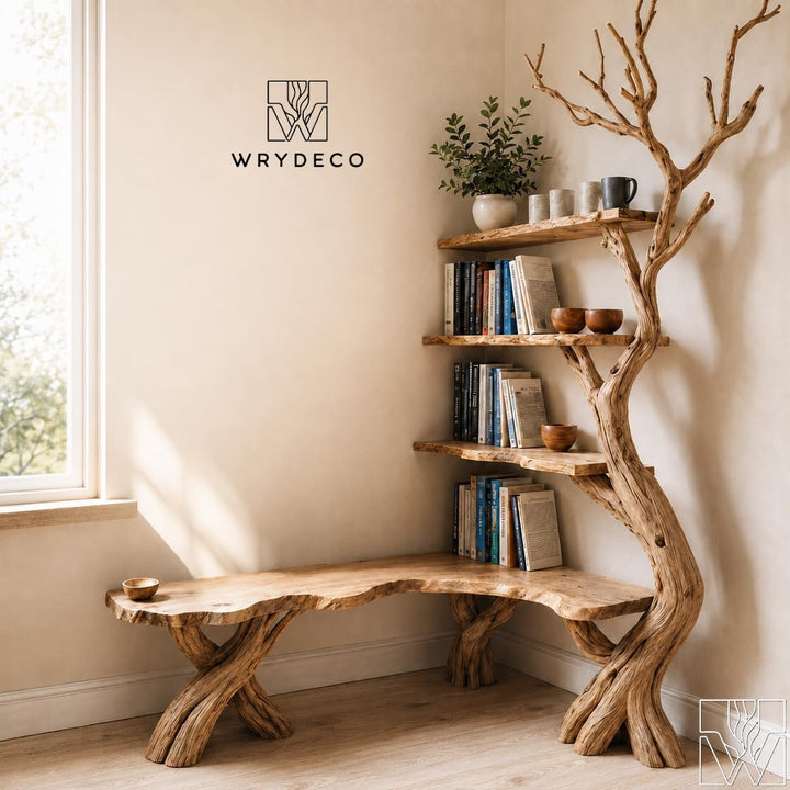 Handcrafted Natural Wood Corner Tree Bookshelf Whispering