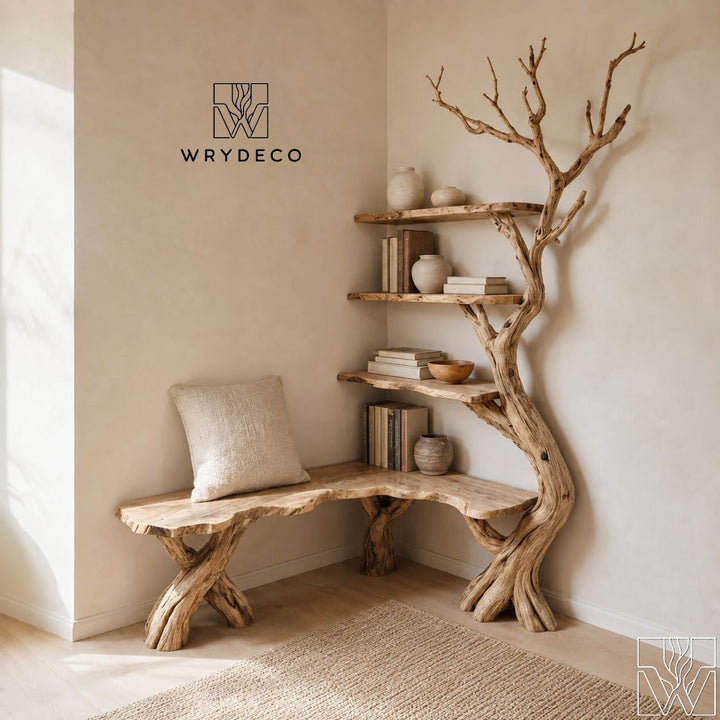 Handcrafted Natural Wood Corner Tree Bookshelf Whispering