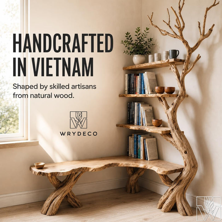 Handcrafted Natural Wood Corner Tree Bookshelf Whispering