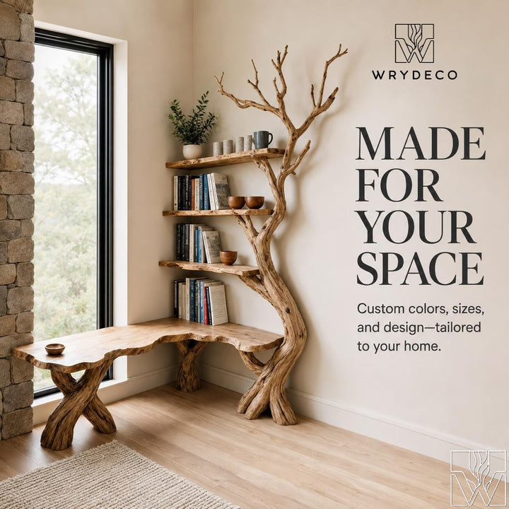Handcrafted Natural Wood Corner Tree Bookshelf Whispering