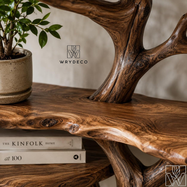 Handcrafted Natural Wood Tree Branch Corner Bookcase