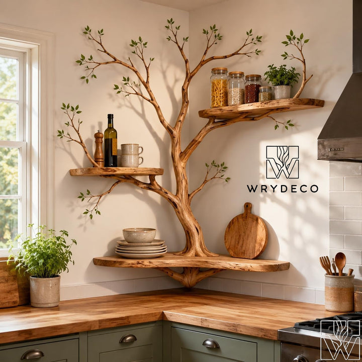 Solid Wood Multi-Layer Tree Branch Corner Bookshelf