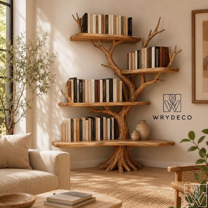 6-Tier Solid Wood Tree Branch Corner Bookshelf for Rustic Decor