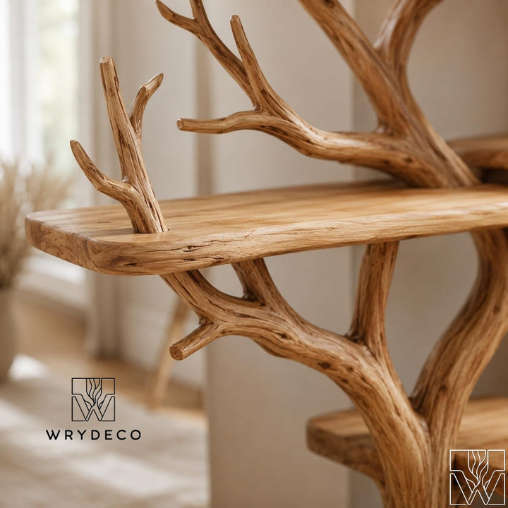 6-Tier Solid Wood Tree Branch Corner Bookshelf for Rustic Decor