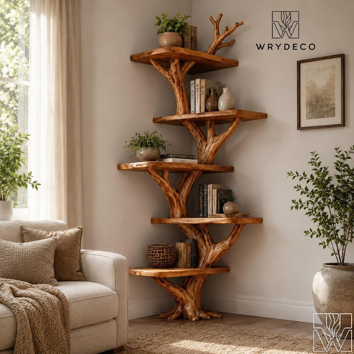 Custom Tier Corner Tree Branch Solid Wood Bookshelf