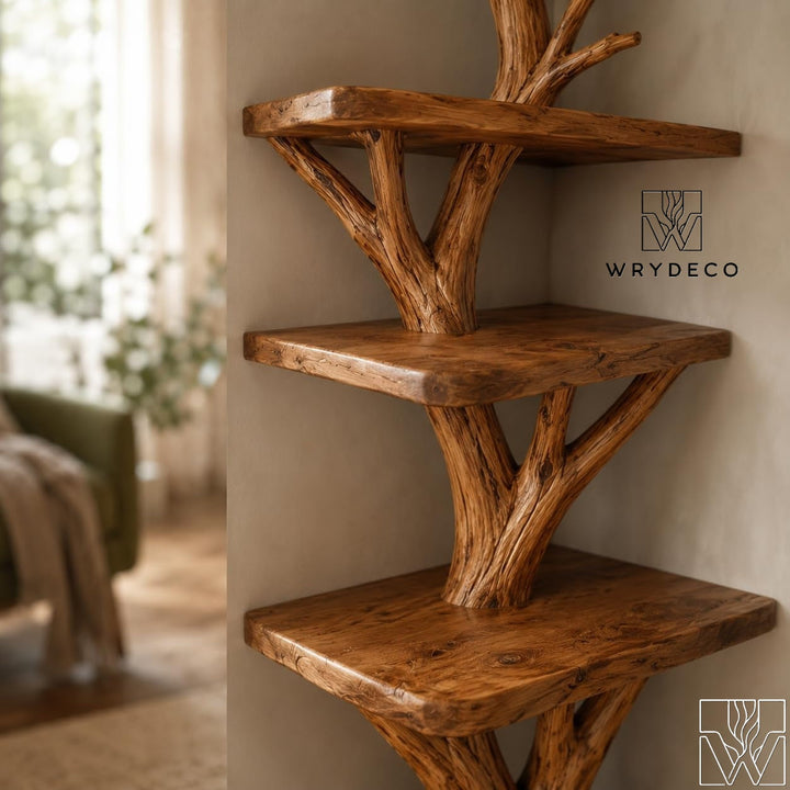 Custom Tier Corner Tree Branch Solid Wood Bookshelf