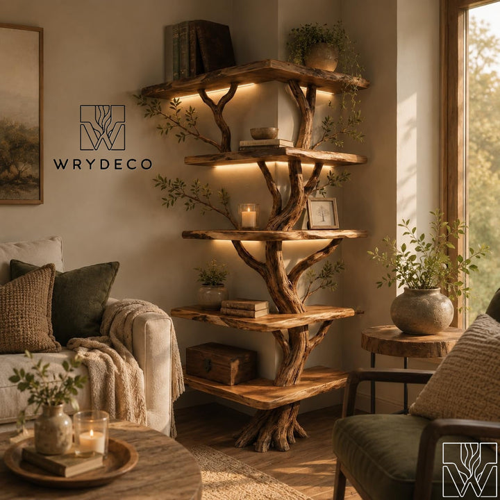 Rustic Corner Tree Branch Solid Wood Floor Bookshelf