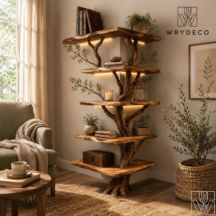 Rustic Corner Tree Branch Solid Wood Floor Bookshelf