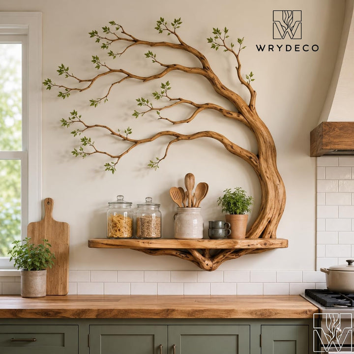 Wide Natural Wood Tree Branch Floating Shelf