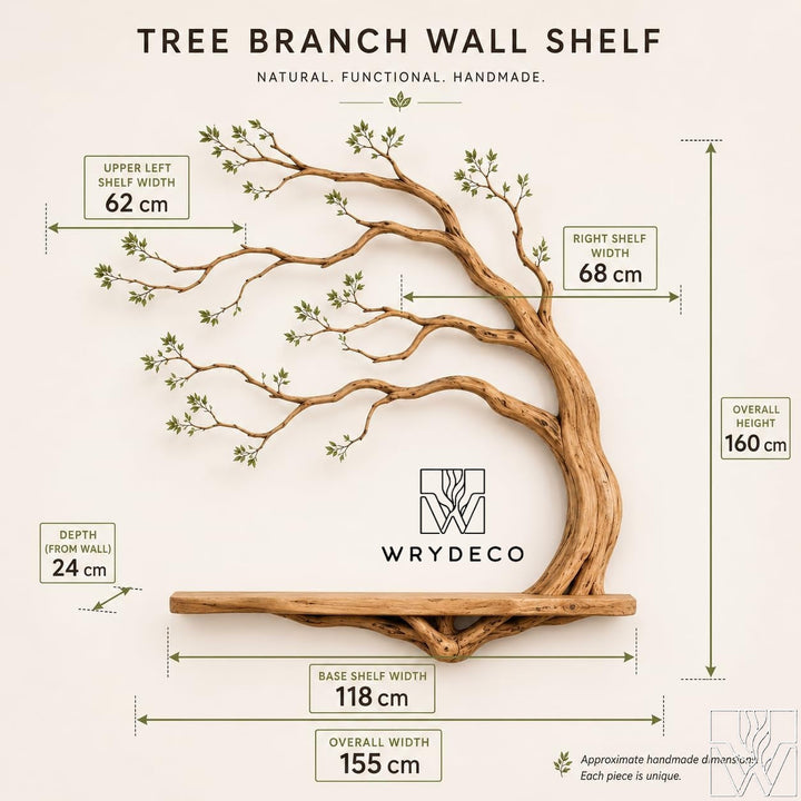 Wide Natural Wood Tree Branch Floating Shelf