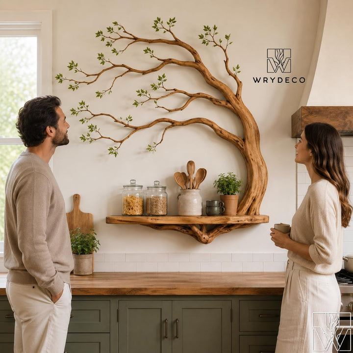 Wide Natural Wood Tree Branch Floating Shelf