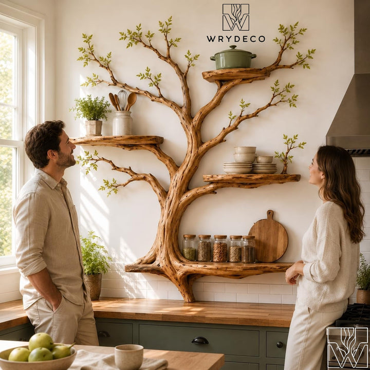 Multi-Layer Sculptural Wood Tree Branch Wall Shelf