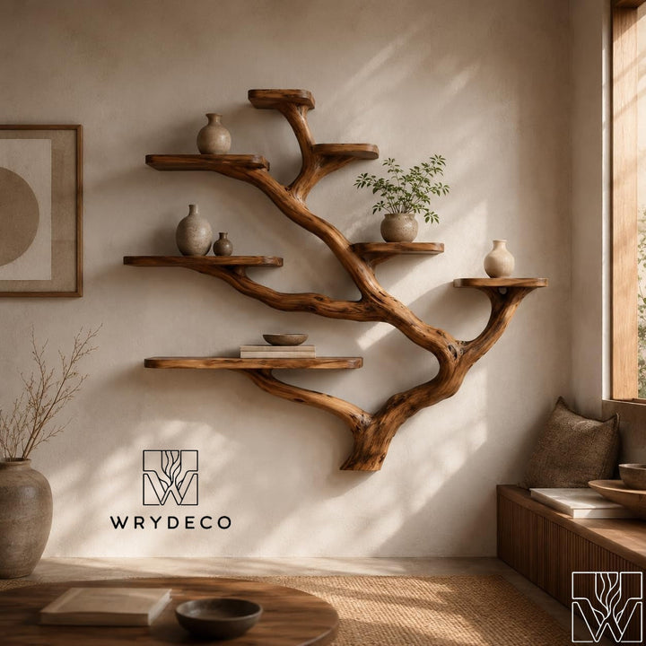 Rustic Solid Wood Tree Branch Wall Mounted Bookshelf