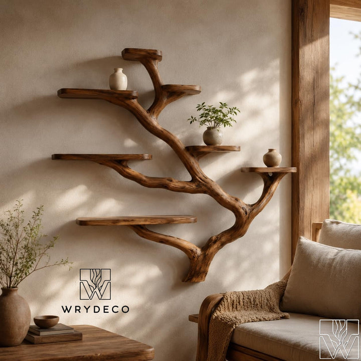 Rustic Solid Wood Tree Branch Wall Mounted Bookshelf