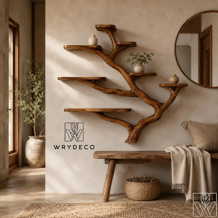 Rustic Solid Wood Tree Branch Wall Mounted Bookshelf