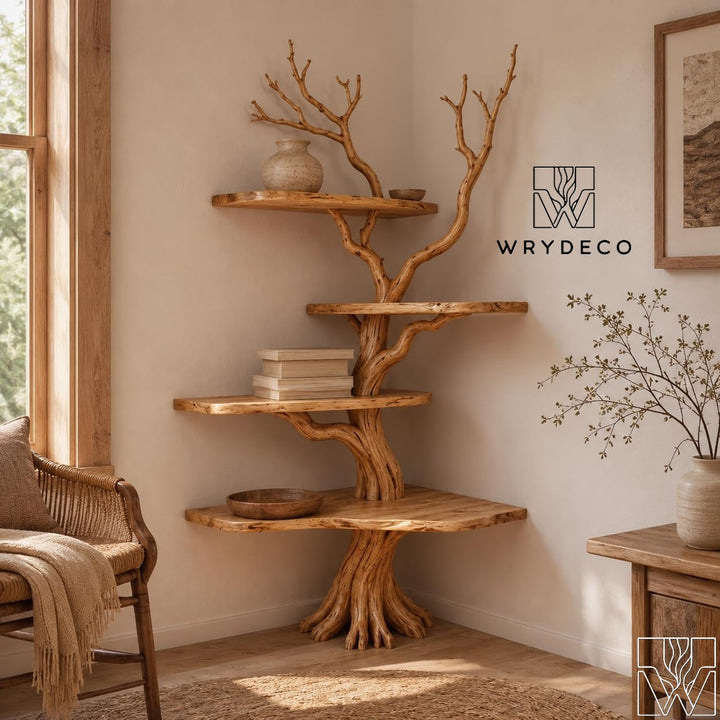 Rustic Solid Wood Tree Branch Corner Wall Bookshelf