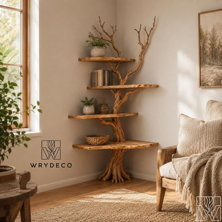 Rustic Solid Wood Tree Branch Corner Wall Bookshelf