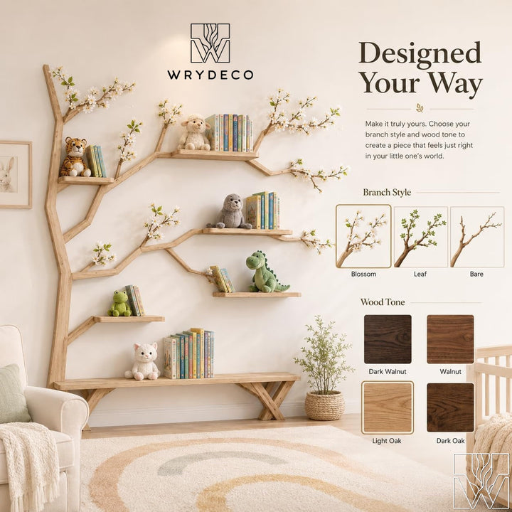 Wide Tree Branch Nursery Wall Bookshelf